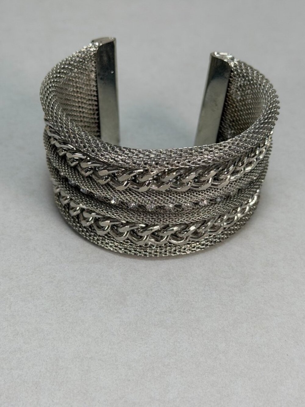 Vintage Chunky Silver Tone Mesh Chain Cuff Bracelet Wide Statement Modern Chic